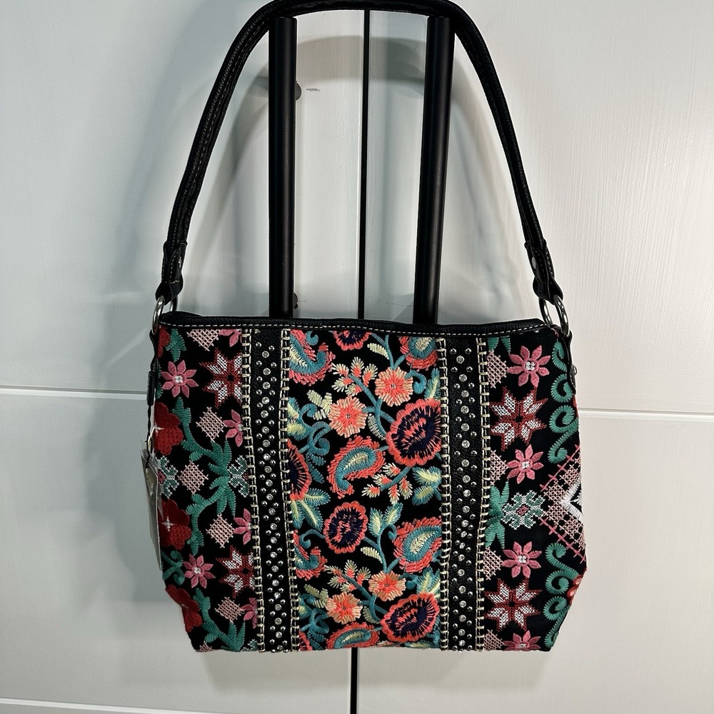 Montana West-Women's Embroidered Floral Embroidered Studded Bag Black‎ NWT